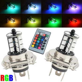 2vnt RGB Belaidės Kontrolės H4 5050 27LED Apdailos DRL Rūko Lemputės+Nuotolinio