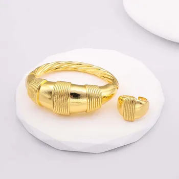 Aukso Spalvos Apyrankės Žiedo Rinkinys Moterims Dubajus Bangle Apyrankės Su Žiedą Ir Vestuvių Vestuvių Indijos Apyrankę, Žiedą Nemokamas Pristatymas