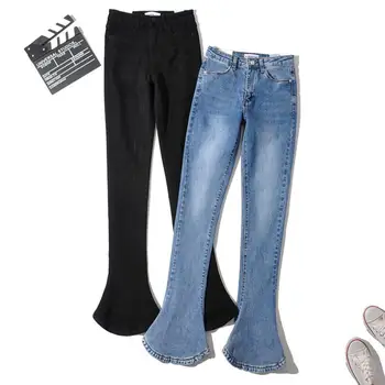 Aukštos klasės Vintage Streetwear Džinsai Moteris Hipių Pasagos Flare Kelnės ZA Dizaineris Juoda Slim Fit Tampri Džinsinio audinio Kelnės p779