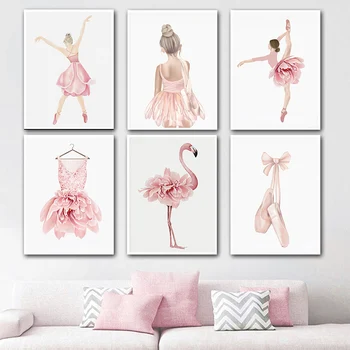 Baleto Šokių Sijonas, Batai Flamingo Akvarelė Sienos Meno Tapybos Drobės Šiaurės Plakatai Ir Spausdina Nuotraukas Big girl Kambario Dekoro