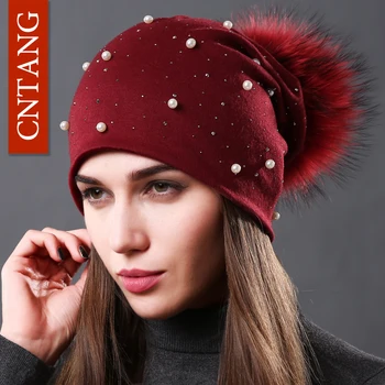 CNTANG 2022 Moterų Mados Skrybėlę Rudens Žiemos Cirkonio Pearl Skrybėlės Moterų Beanies Gamtos Meškėnas Kailių Pompom Medvilnės Šiltos Kepurės