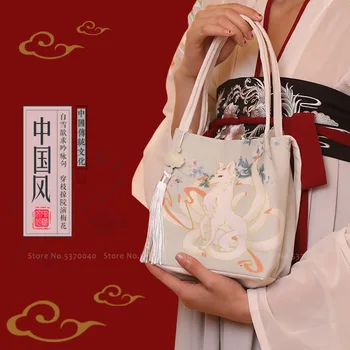 Kinijos Retro Stiliaus Krano Vienaragis Animacinių Filmų Kutas Crossbody Krepšiai Katytė Rose Lotus Spausdinti Hanfu Rankinėje Mielas Kimono Rankinėje Paketas