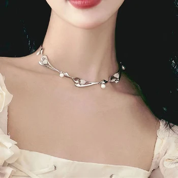 Korėjos Mados Opal Širdies Karoliai Moterų, Imituojant Perlų Pakabukas Choker Grandinės Tuščiavidurių Metalo Clavicle Žavesio Papuošalai Dovana