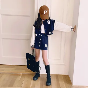 Mergaičių sportinis kostiumas 2022 m. pavasarį nauja koledžo beisbolo stiliaus uniformos striukė trumpas sijonas, dviejų dalių komplektas paauglių vaikai mergina drabužių Komplektus