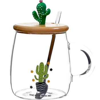 Mielas Kaktusas Arbatos Puodelis su Mediniu Dangteliu ir Šaukštu boro silikatinio Stiklo, Kavos Puodelis 450ml Aišku, Gerti Puodelį, Vaisių Sultys, Kava, Arbata