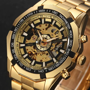 Prabangos Prekės NUGALĖTOJAS Antikvariniai Skeletas Mechaniniai Laikrodžiai Vyrams iš Nerūdijančio Plieno Golden Band Laikrodis Relogio Masculino