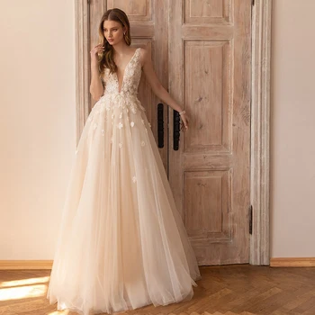 Princesė Vestuvių Suknelė iki 2023 m. 3D Gėlių V Kaklo, Rankovių Backless Nėrinių Appliques Linijos Tiulio Vestuvinės Suknelės Boho Vestidos De Novia