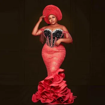 Raudona Plius Dydis Prom Dresses Vien Kaklo Kutai Ruffles Pakopų Undinė Vakarinę Suknelę Afrikos Moterys, Nigerija Šalies Vestidos