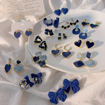 Royal Blue Serijos Stud Auskarai Surinkimo Širdies Bowknot Apskritimą, Kvadratą Geometrinis Klein Mėlyna Kristalų Auskarai Moterims, Papuošalai