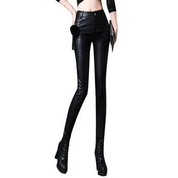 Rudenį Elegantiškos Moters Avikailis Odos Kelnės Slim Moterų Aukšto Liemens Kelnės Korėjos Moteris Medžiaga Streetwear Moterų Pantalon Mujer Zjt930