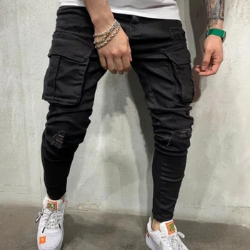Vyriški Džinsai Verslo Atsitiktinis Ruožas Džinsinio audinio Slim Gatvės Bėgiojimas Džinsai Keturis Sezonus Black High Street Multi Pocket Jeans vyriški Naujas
