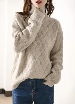 Žiemos aukštos kokybės moterų vilnos megztinis vientisų spalvų prarasti aukštas-kaklo, ilgomis rankovėmis purus megzti megztinis